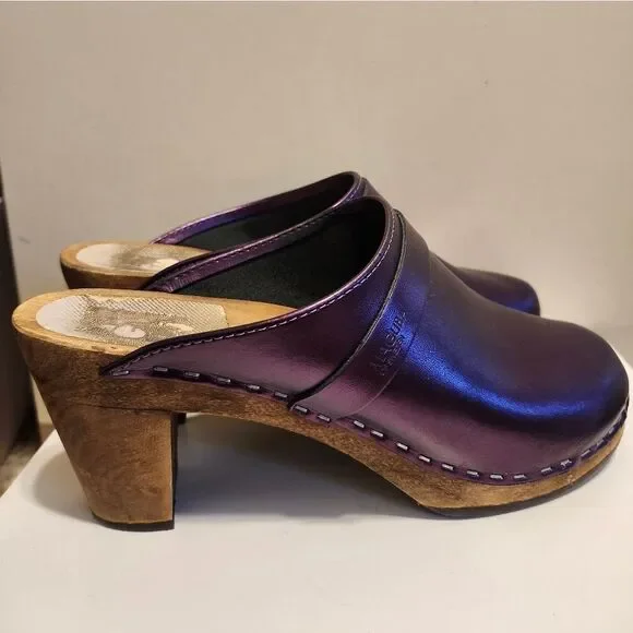 Maguba of Sweden Metallic Purple Leather Wooden Heel Clogs Size 9/40 Ret.$189 - Picture 2 of 12